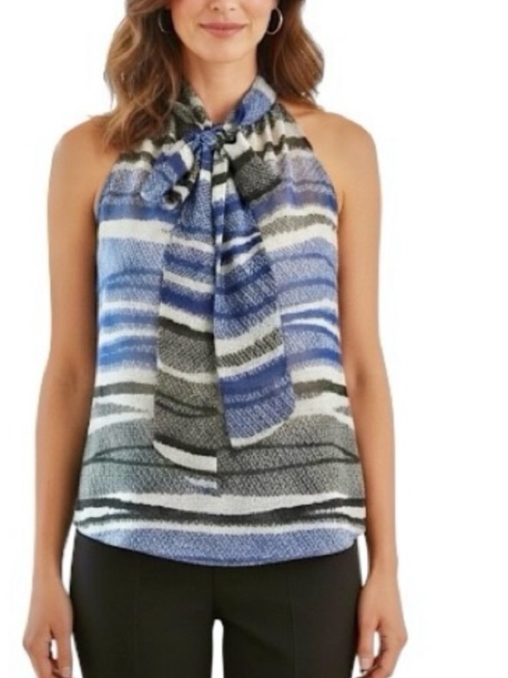 Banana Republic Abstract Stripe Bow Tie Neck Top Blue Gray Chic Business Office